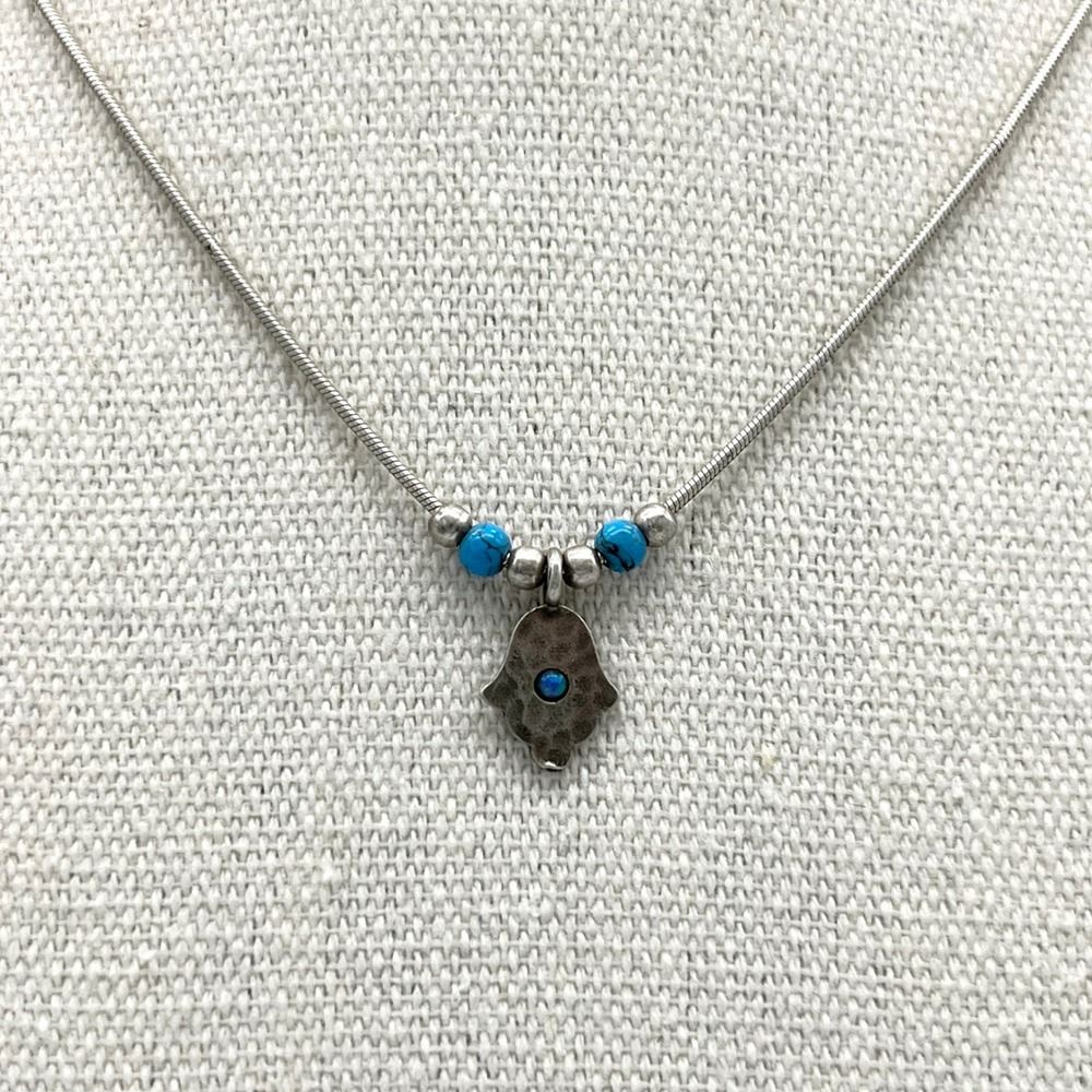 Vintage‎ Liquid Sterling Silver Hamsa Necklace Turquoise Signed 925